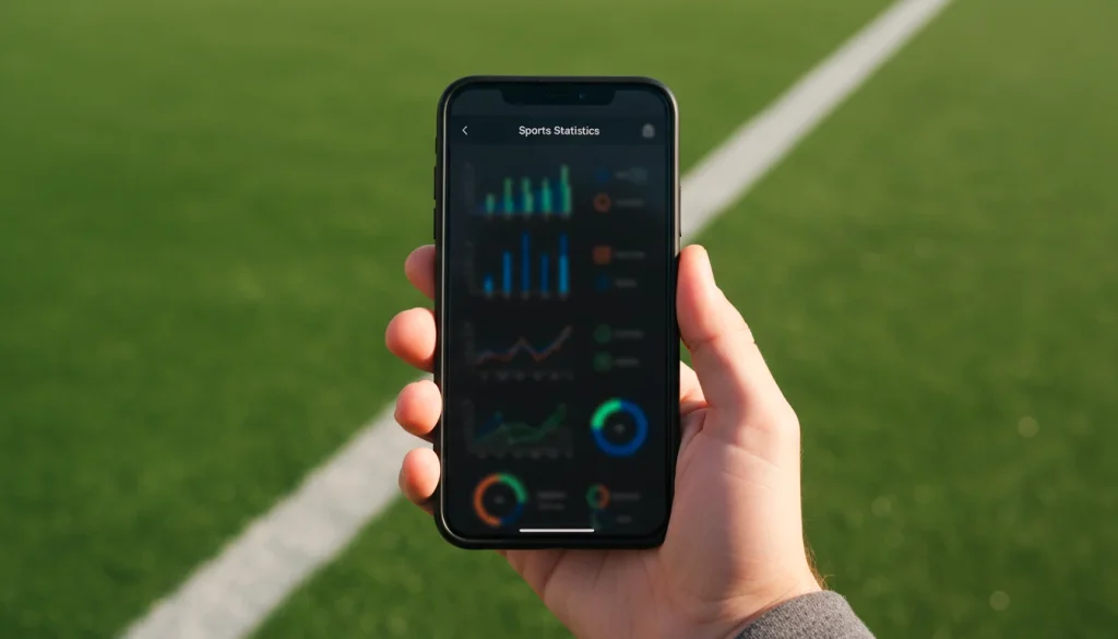 Mano sosteniendo un smartphone mostrando datos deportivos junto a un campo de fútbol