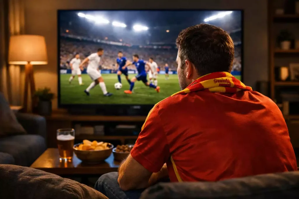 Aficionado concentrado viendo partido de fútbol en pantalla con estadísticas en vivo