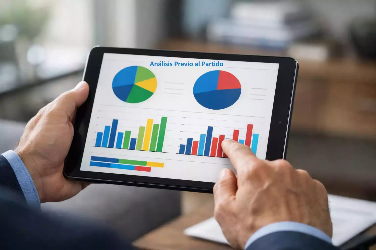 Analista revisando estadísticas de equipos de fútbol en tablet digital