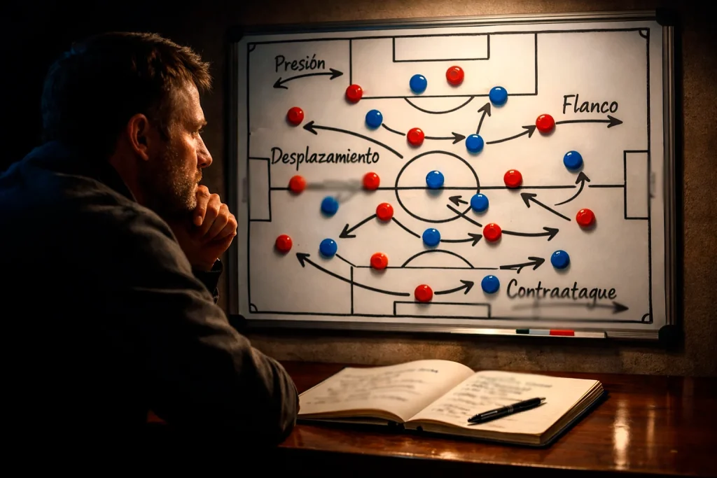 Analista deportivo estudiando estadísticas de fútbol con una pizarra táctica de fondo