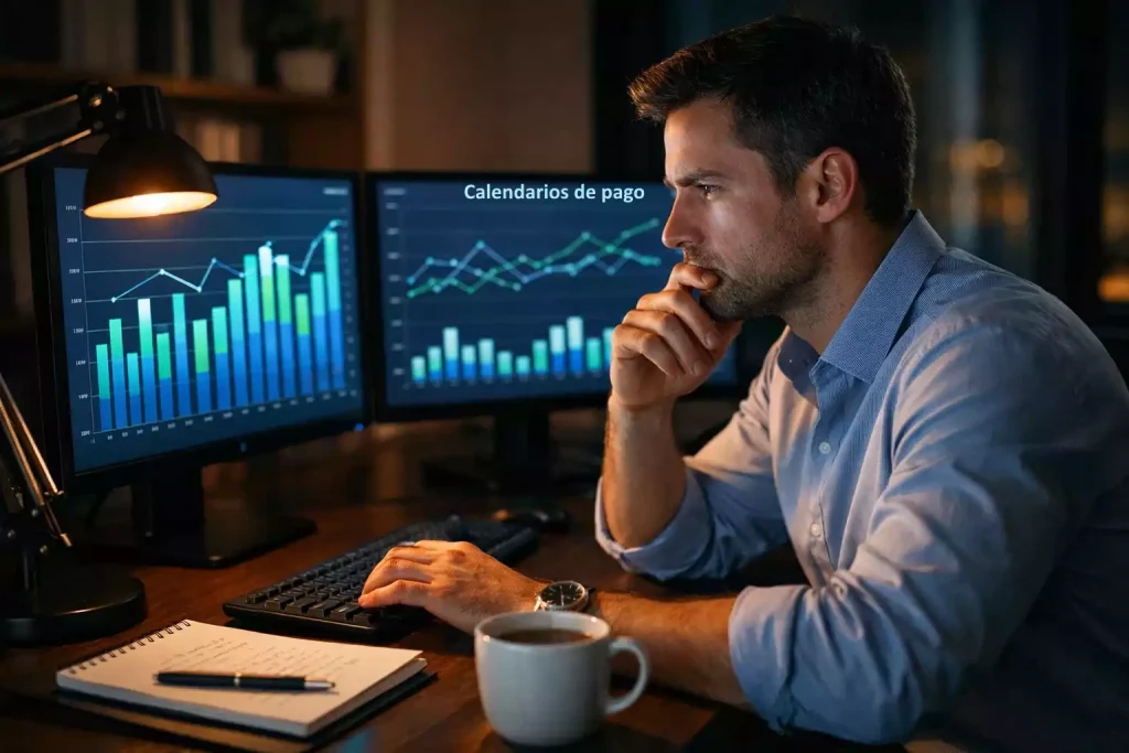 Apostador profesional analizando datos de fútbol en escritorio con múltiples pantallas