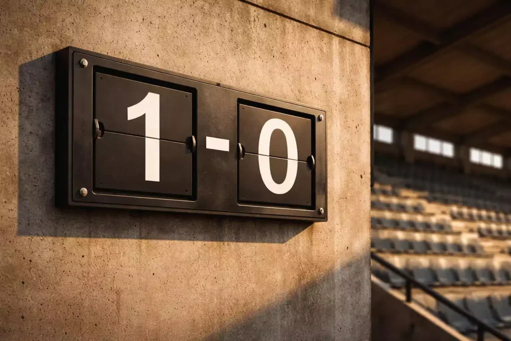 Marcador de un estadio de fútbol mostrando el resultado de un partido