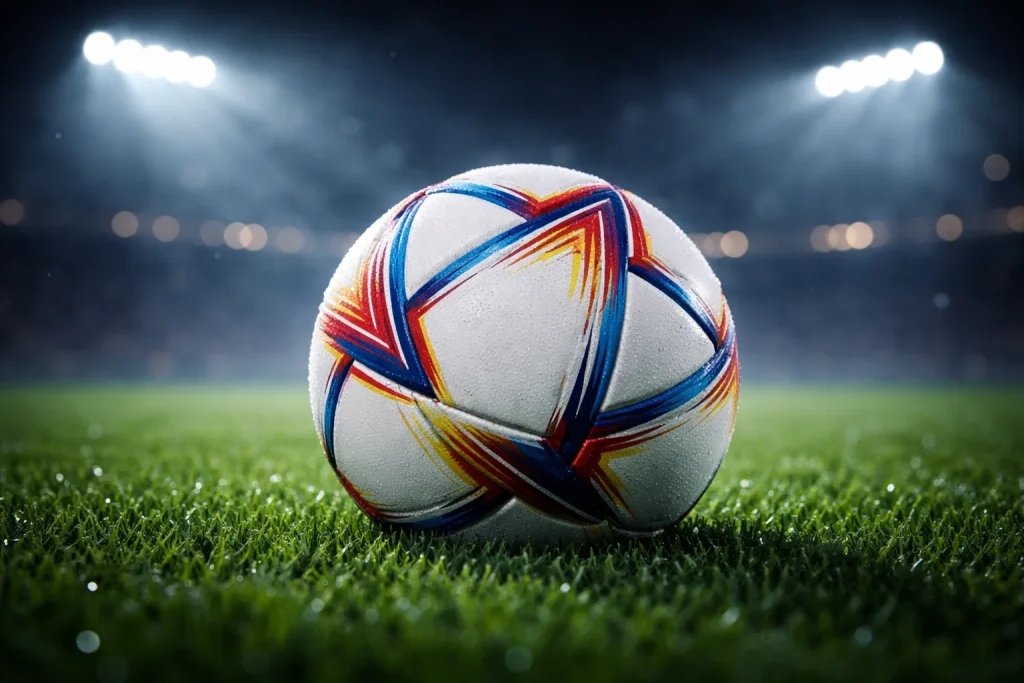 Balón de fútbol sobre césped con focos de un gran estadio europeo iluminando la noche