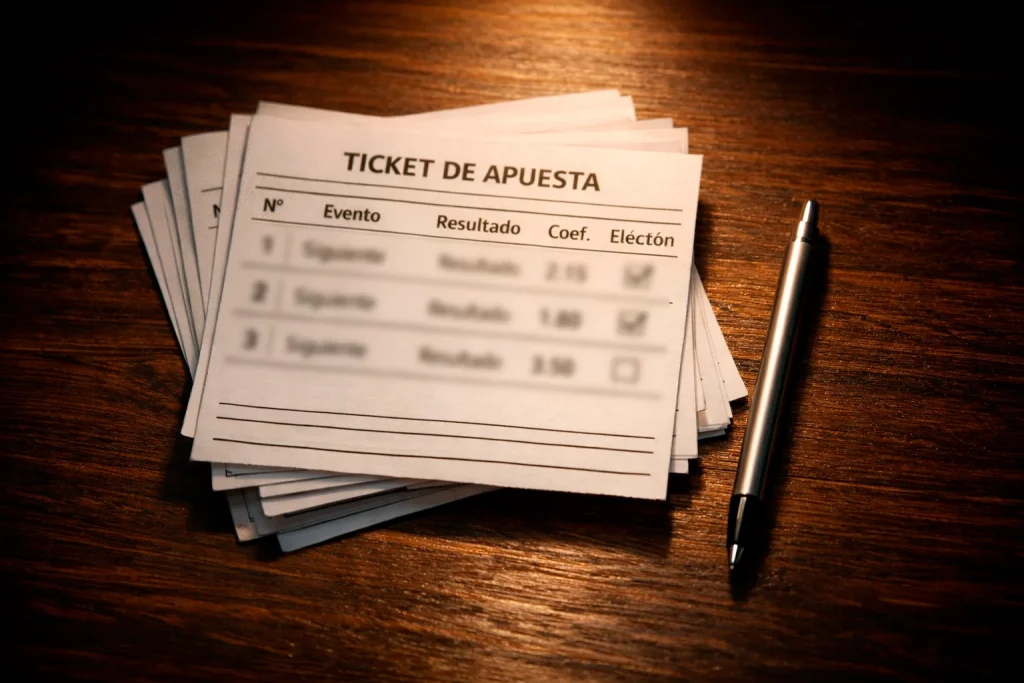 Varios boletos de apuestas deportivas apilados sobre una mesa junto a un bolígrafo