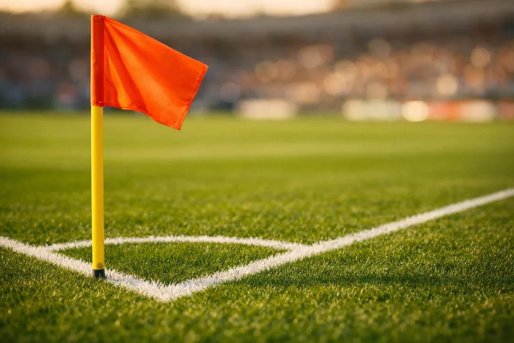 Banderín de córner ondeando en la esquina de un campo de fútbol profesional