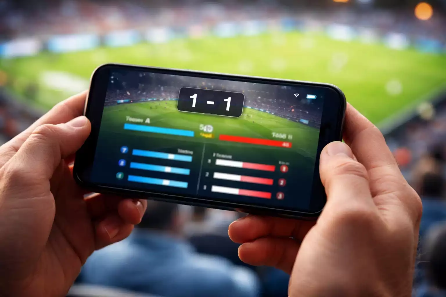 Manos sosteniendo smartphone durante un partido de fútbol en directo con pantalla de estadísticas