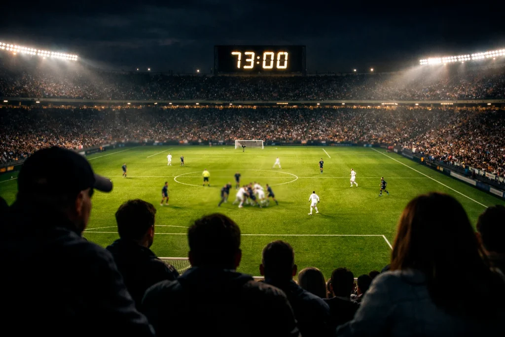Partido de fútbol en marcha visto desde la grada con el reloj del estadio visible