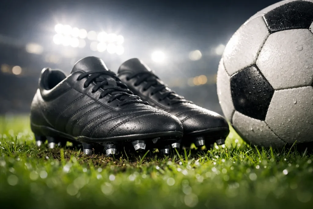 Botas de fútbol sobre césped natural junto a un balón listo para el disparo