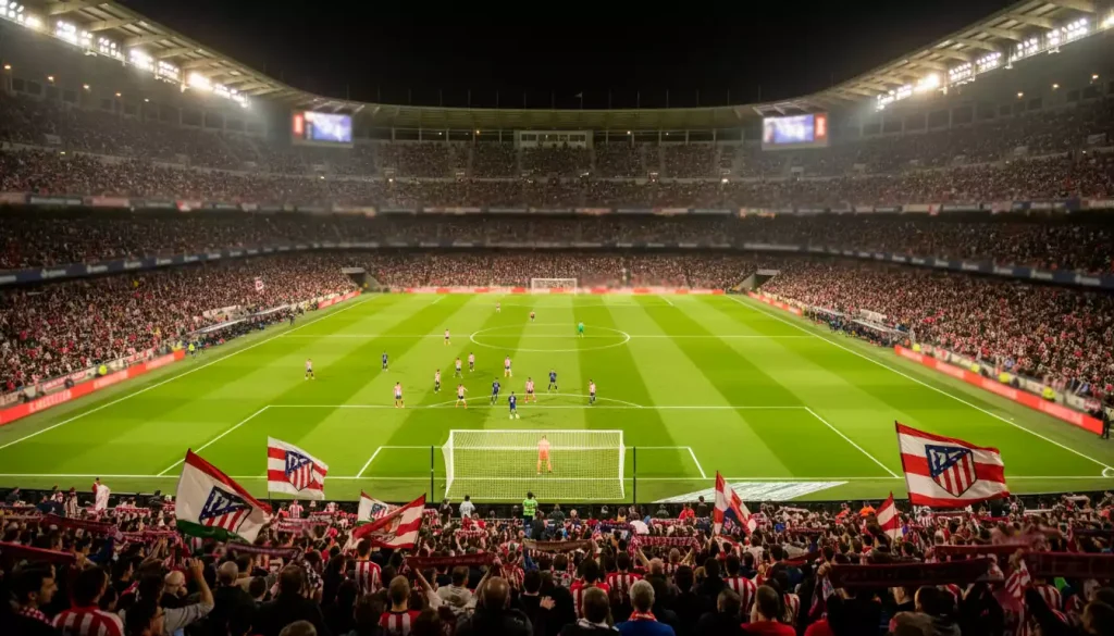 Estadio de fútbol español lleno de aficionados durante un partido nocturno de LaLiga