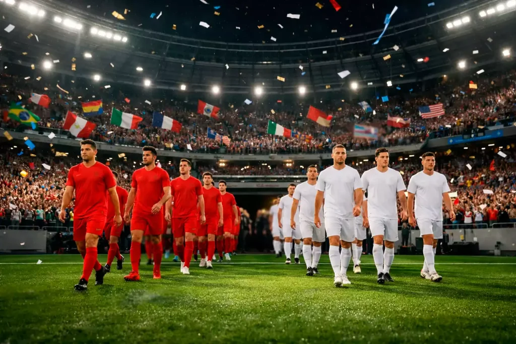 Selecciones de fútbol saltando al campo con banderas nacionales en un gran estadio internacional