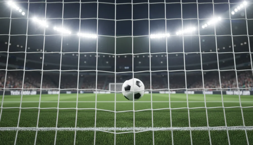 Red de portería de fútbol vista desde dentro con un balón entrando