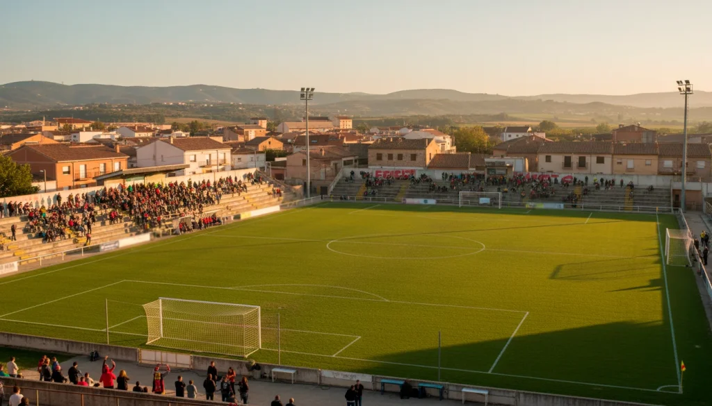 Campo de fútbol de una ciudad pequeña con gradas modestas llenas de aficionados locales