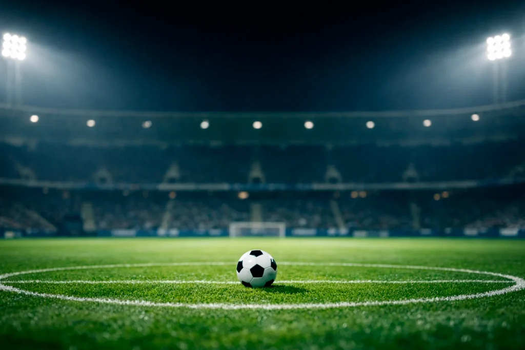 Estadio de fútbol iluminado de noche con césped verde brillante visto desde la grada
