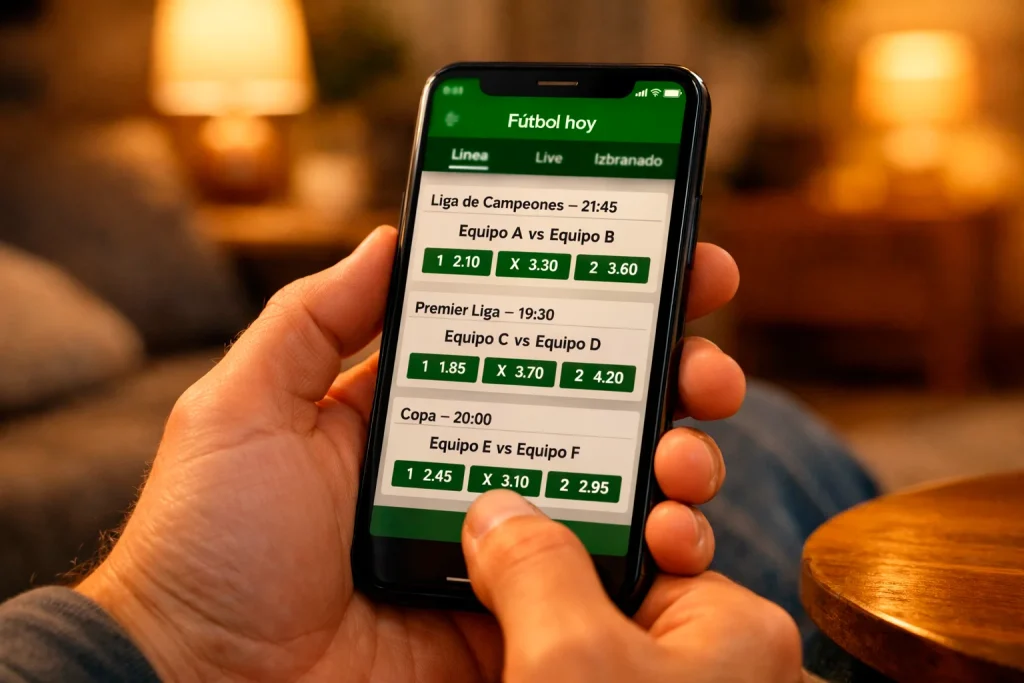 Mano sosteniendo un teléfono móvil con una pantalla de apuestas deportivas en un sofá