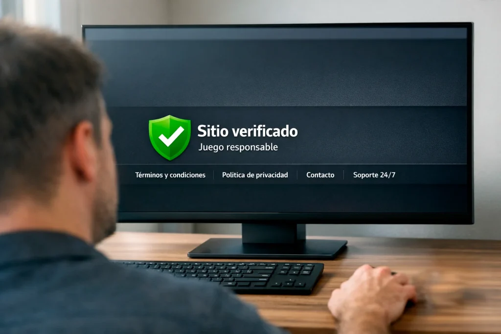 Pantalla de ordenador mostrando el sello de juego seguro de la DGOJ en una web de apuestas