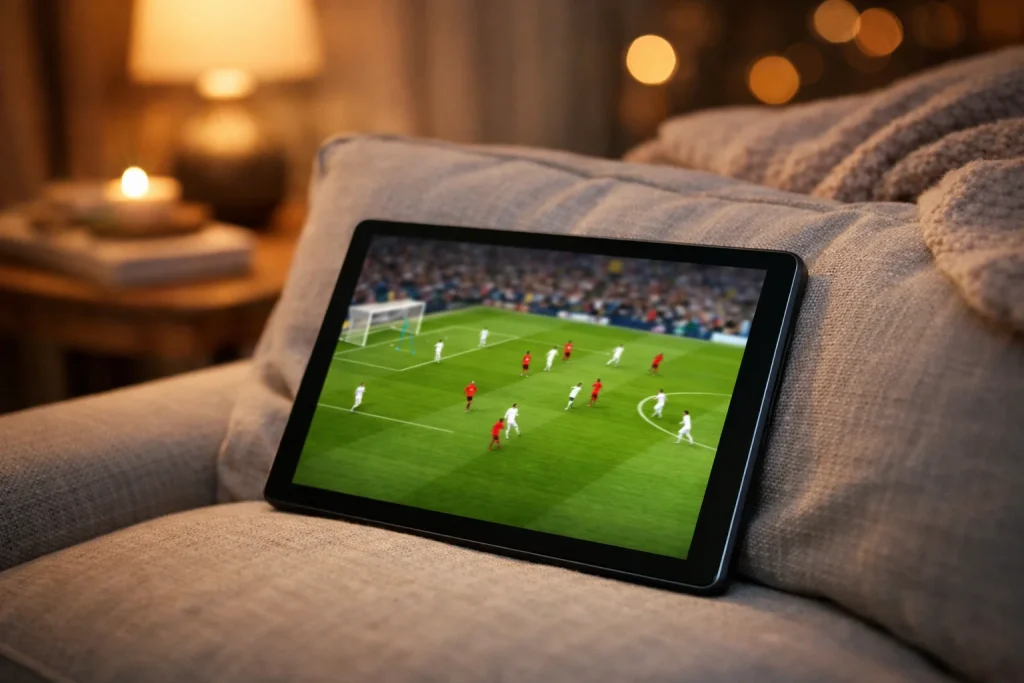 Tablet mostrando un partido de fútbol en streaming sobre un sofá