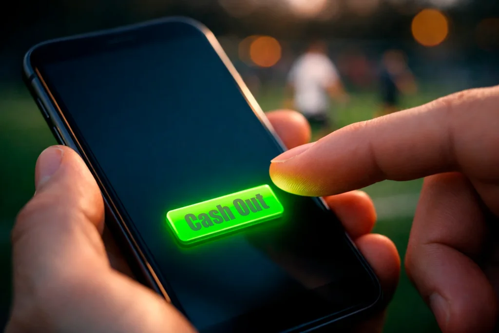 Dedo pulsando un botón en la pantalla de un smartphone durante un partido de fútbol