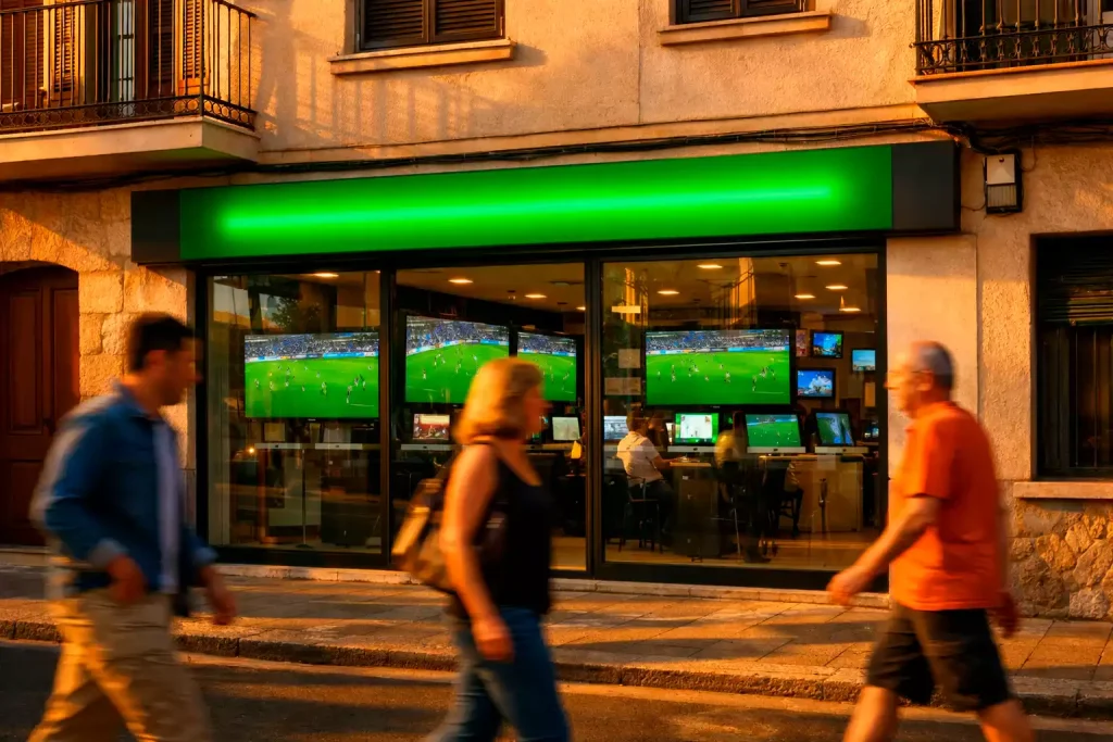Fachada de un local de apuestas deportivas en una calle española al atardecer