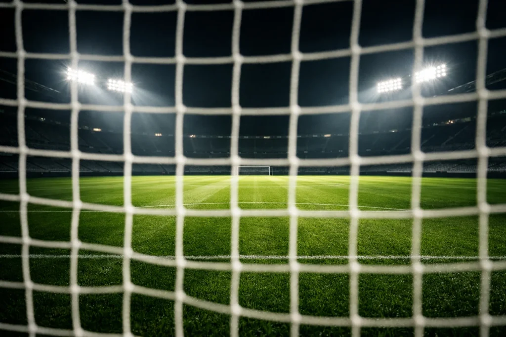 Vista panorámica de un campo de fútbol con varias pantallas de estadísticas alrededor