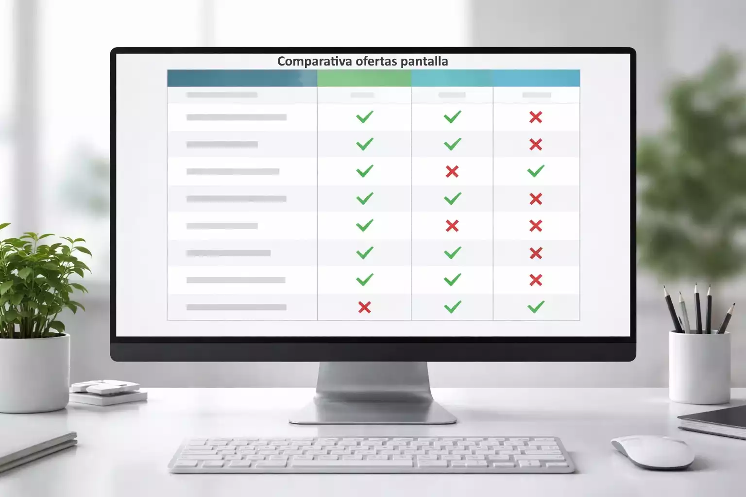 Pantalla de ordenador mostrando lista de comparación con marcas de verificación