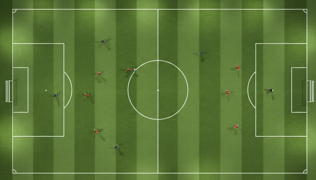 Vista cenital de un campo de fútbol con líneas marcadas durante un partido nocturno