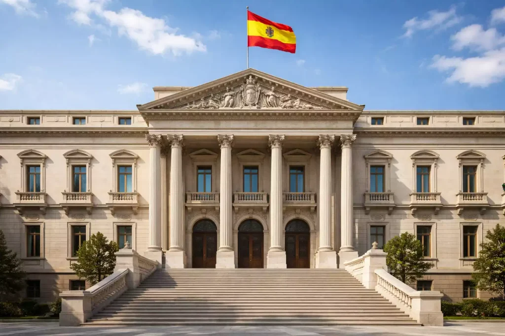 Edificio oficial de regulación del juego en España con bandera nacional