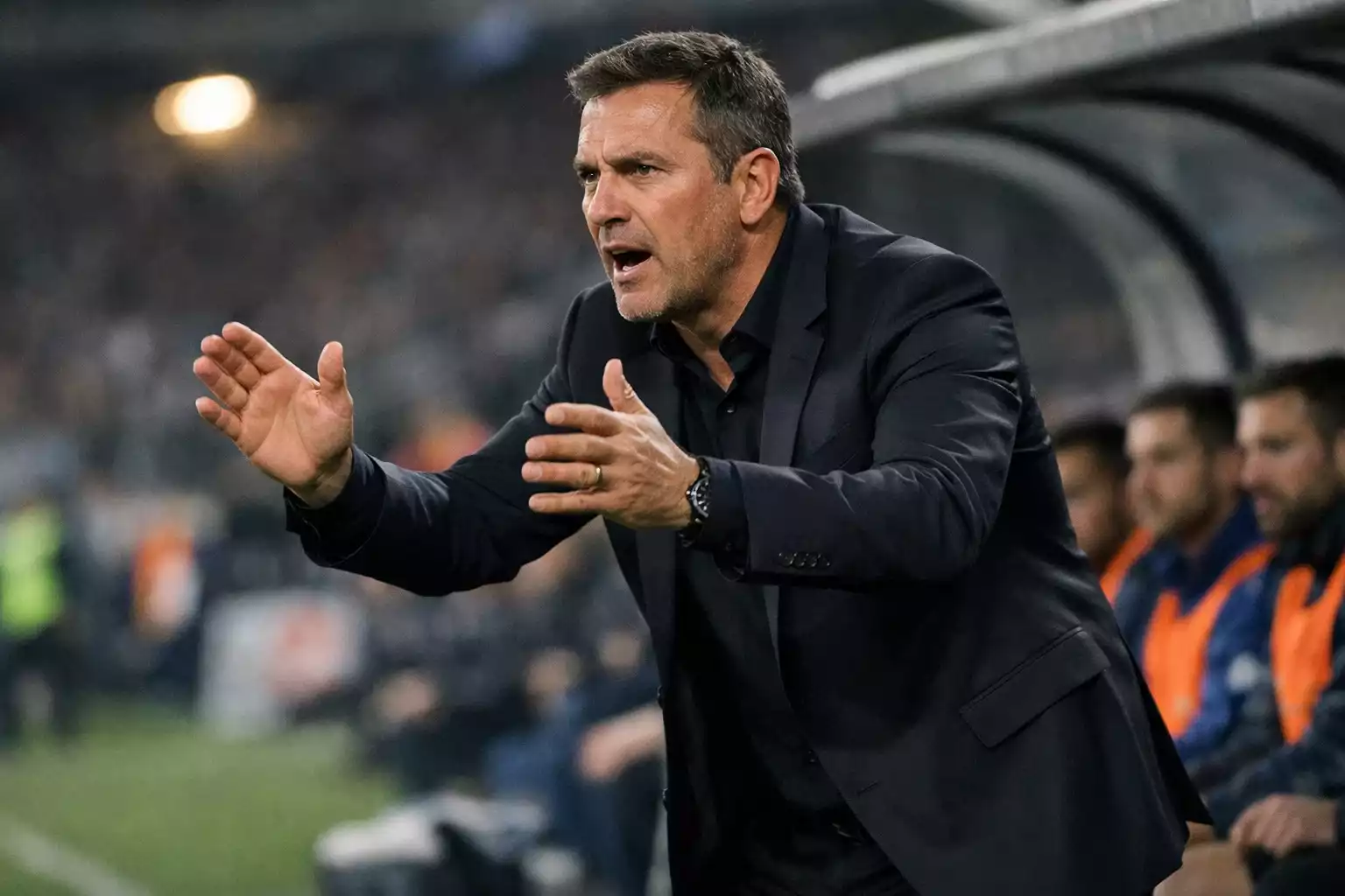 Entrenador de fútbol dando instrucciones tácticas con pizarra en el banquillo