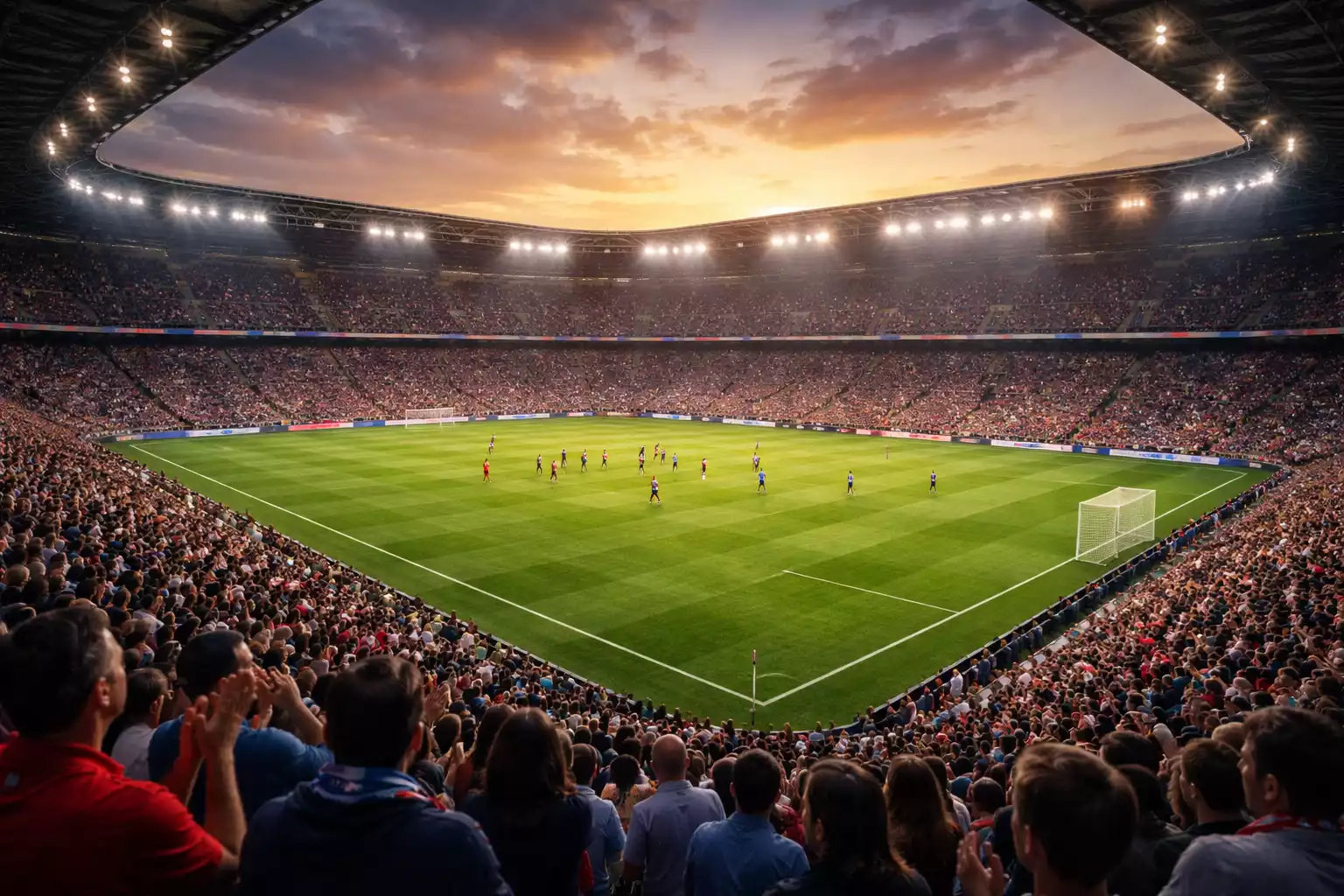Estadio de fútbol lleno con césped verde y jugadores disputando un balón