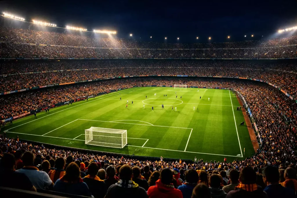 Estadio de fútbol lleno de aficionados durante un partido nocturno con iluminación espectacular