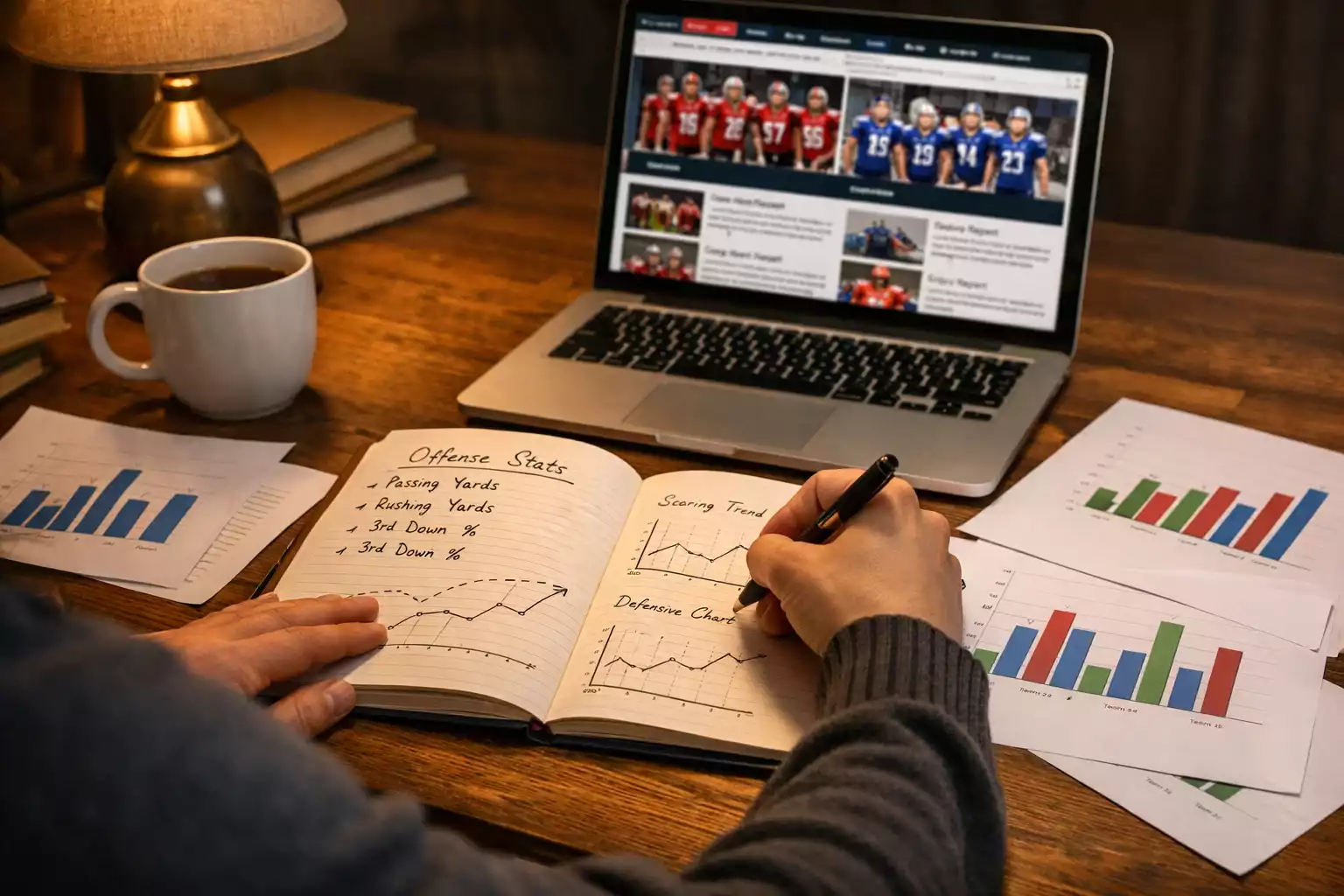 Persona analizando estadísticas de equipos de fútbol con notas y gráficos en escritorio