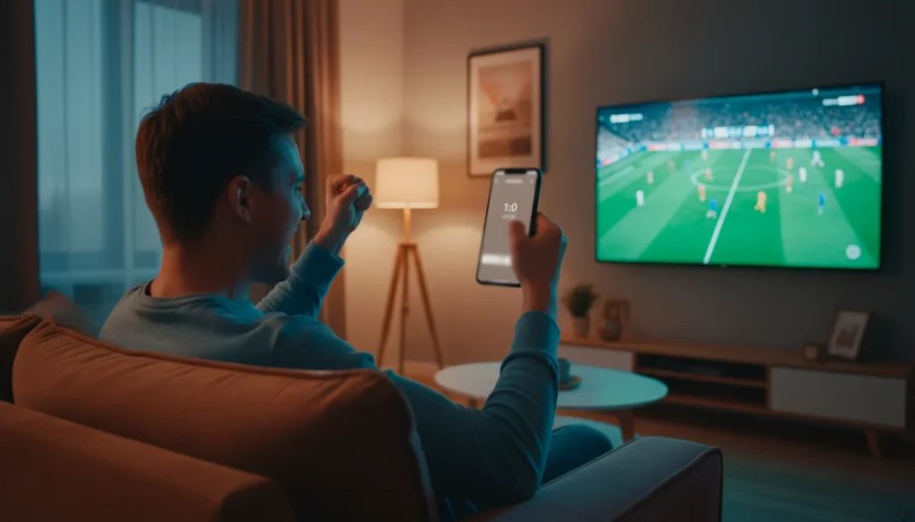 Persona celebrando un gol viendo fútbol en televisión con un móvil en la mano