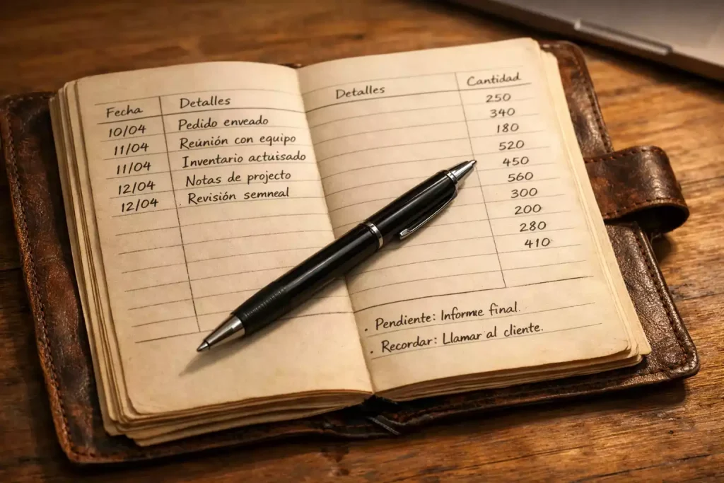 Cuaderno de registro de apuestas junto a un bolígrafo sobre una mesa de madera