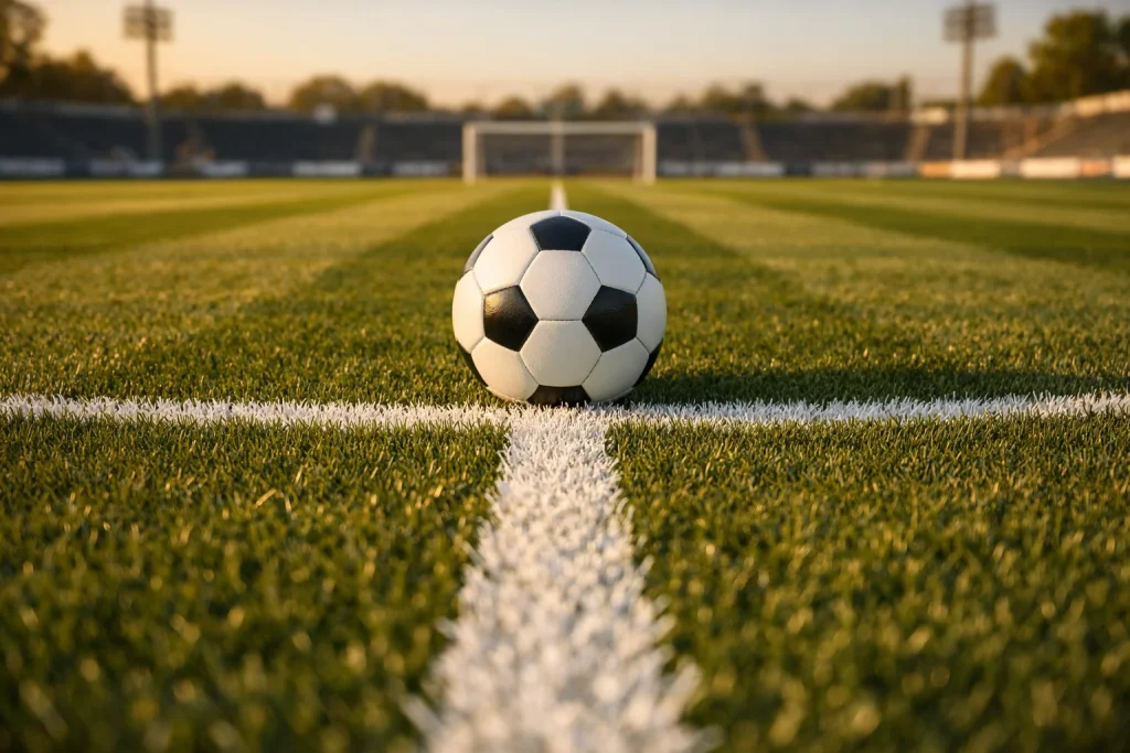 Balón de fútbol sobre la línea de medio campo de un estadio profesional