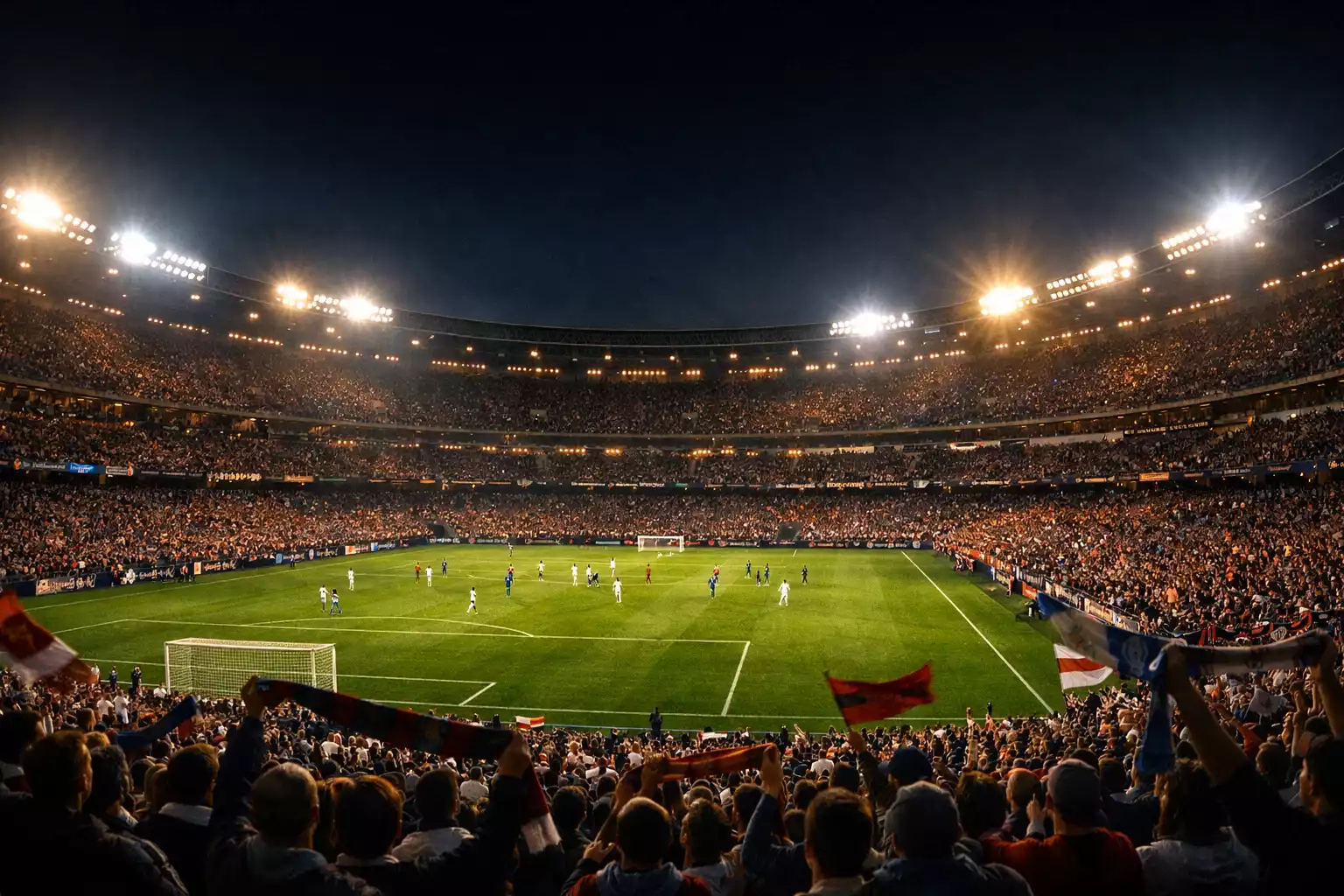 Estadio de fútbol iluminado durante un partido nocturno con aficionados animando en las gradas