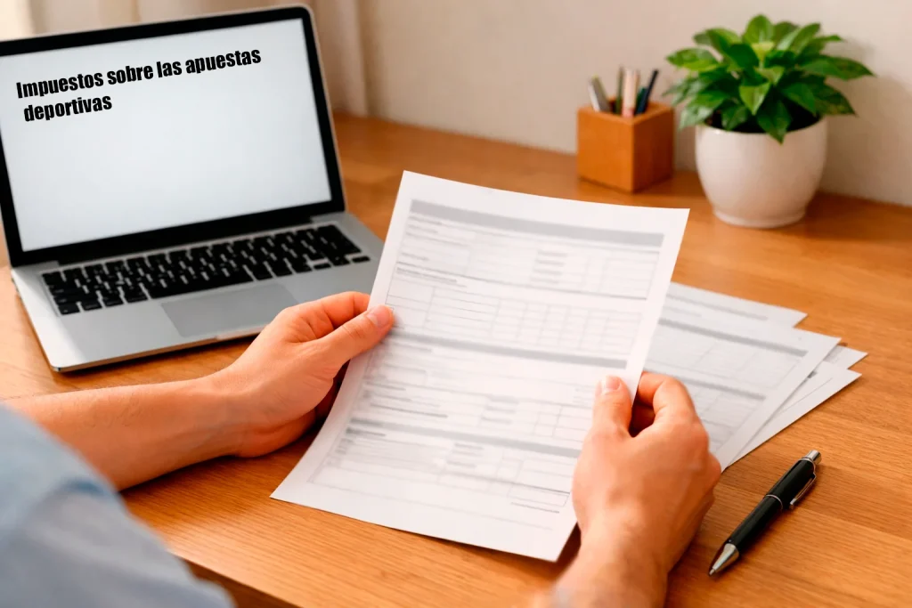 Persona revisando documentos fiscales con un portátil abierto en una mesa de trabajo