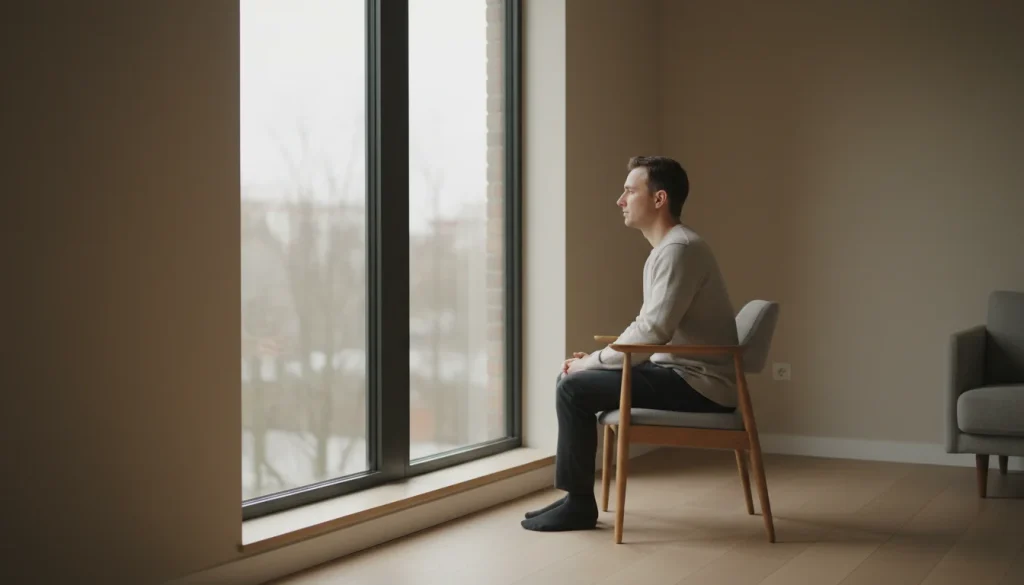 Persona reflexionando sentada frente a una ventana con luz natural en un ambiente tranquilo