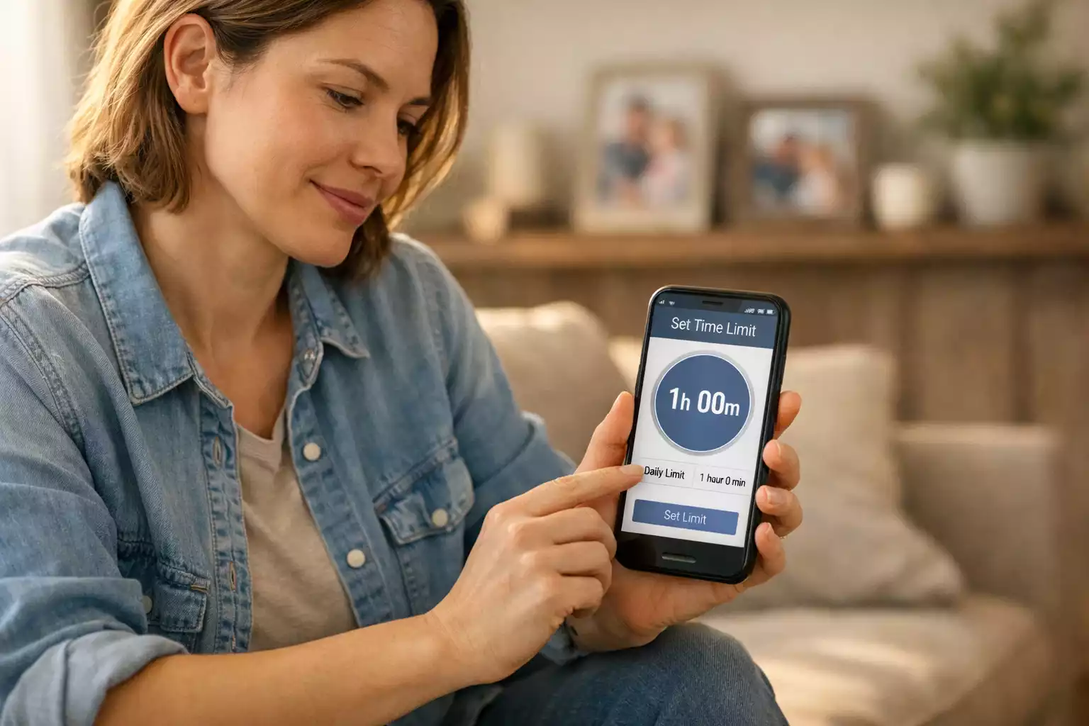 Persona estableciendo límites de tiempo en aplicación móvil con ambiente familiar de fondo