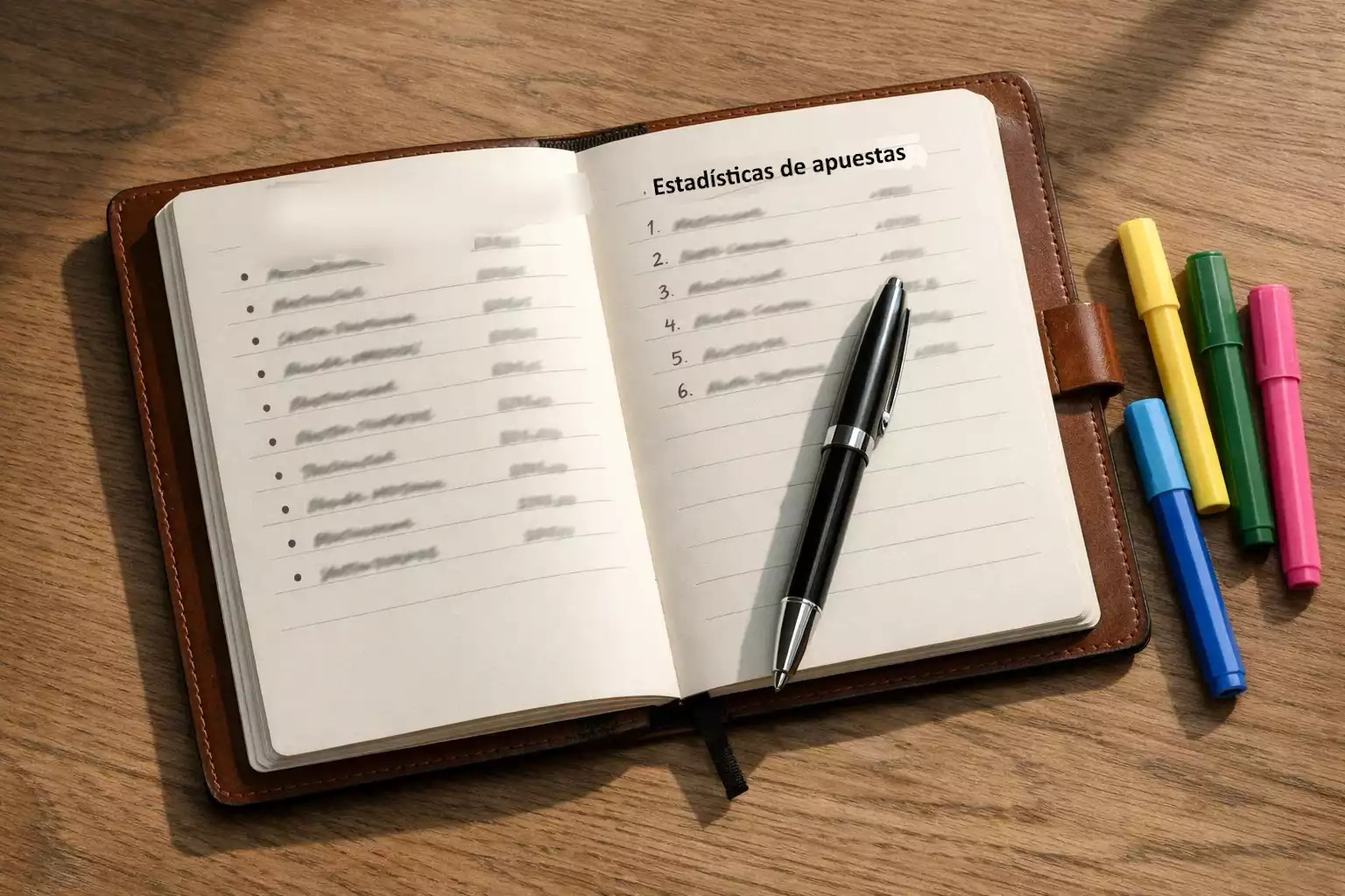 Libreta de notas con análisis de partidos y bolígrafo sobre mesa de trabajo