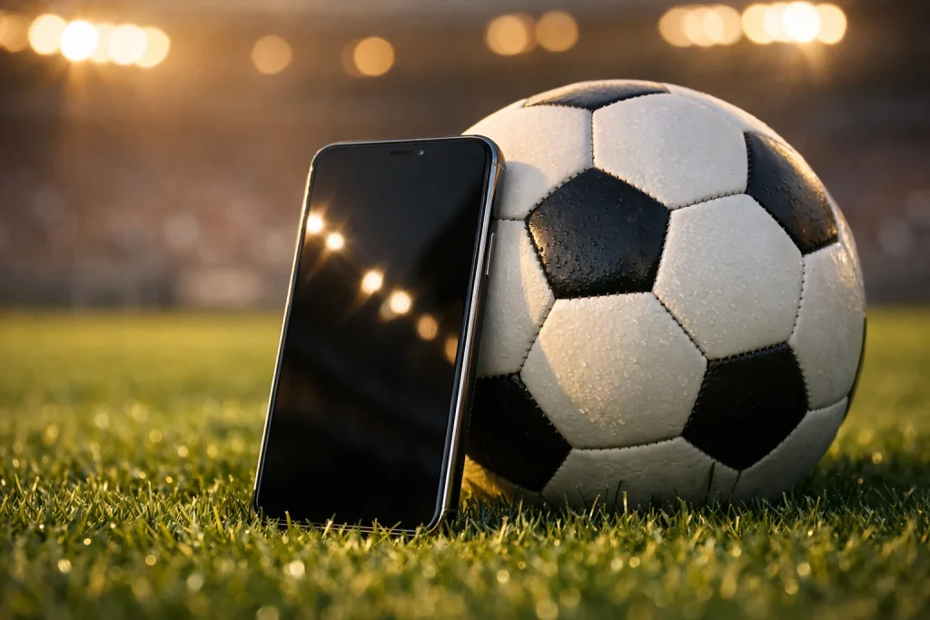 Smartphone apoyado en un balón de fútbol sobre césped verde natural