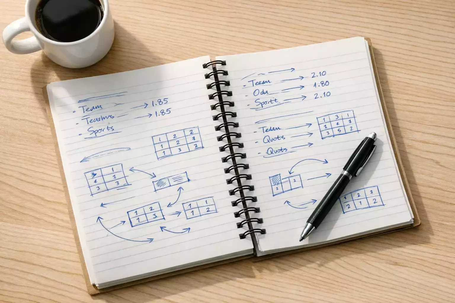 Cuaderno con notas manuscritas de análisis de partidos de fútbol junto a bolígrafo