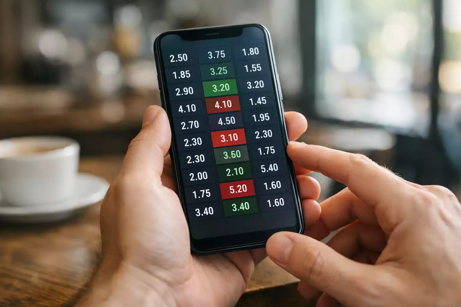 Pantalla de smartphone mostrando cuotas de apuestas deportivas en tiempo real