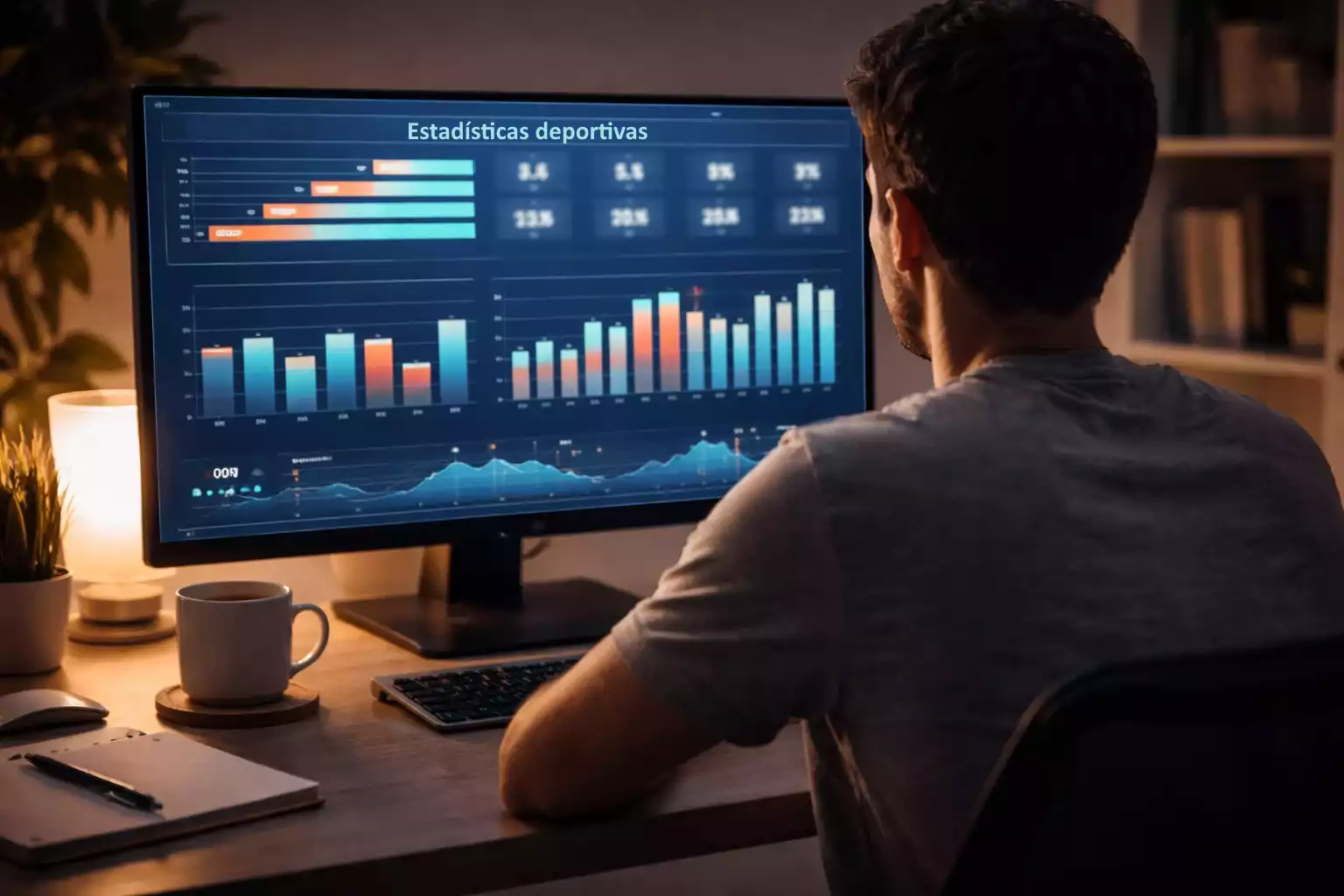 Persona analizando estadísticas de fútbol en monitor con gráficos de rendimiento