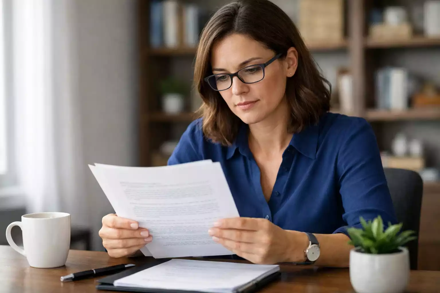 Persona leyendo atentamente un documento con términos y condiciones en escritorio ordenado