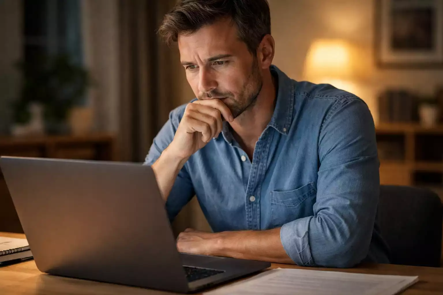 Persona con expresión pensativa frente al ordenador analizando información en pantalla