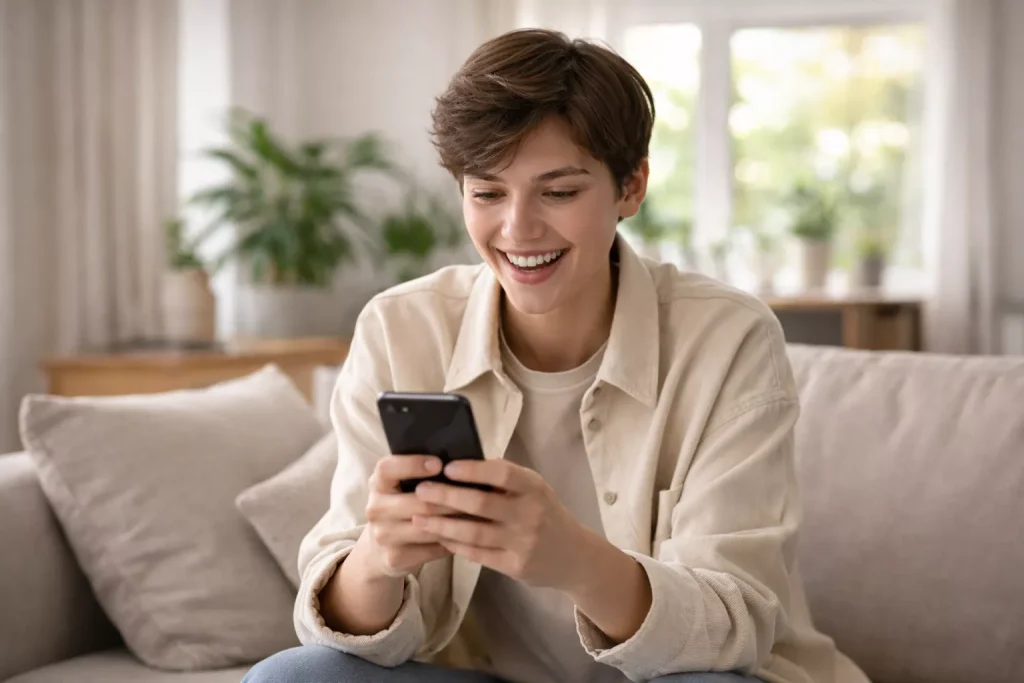Persona sonriente mirando su smartphone con expresión de satisfacción al recibir una promoción