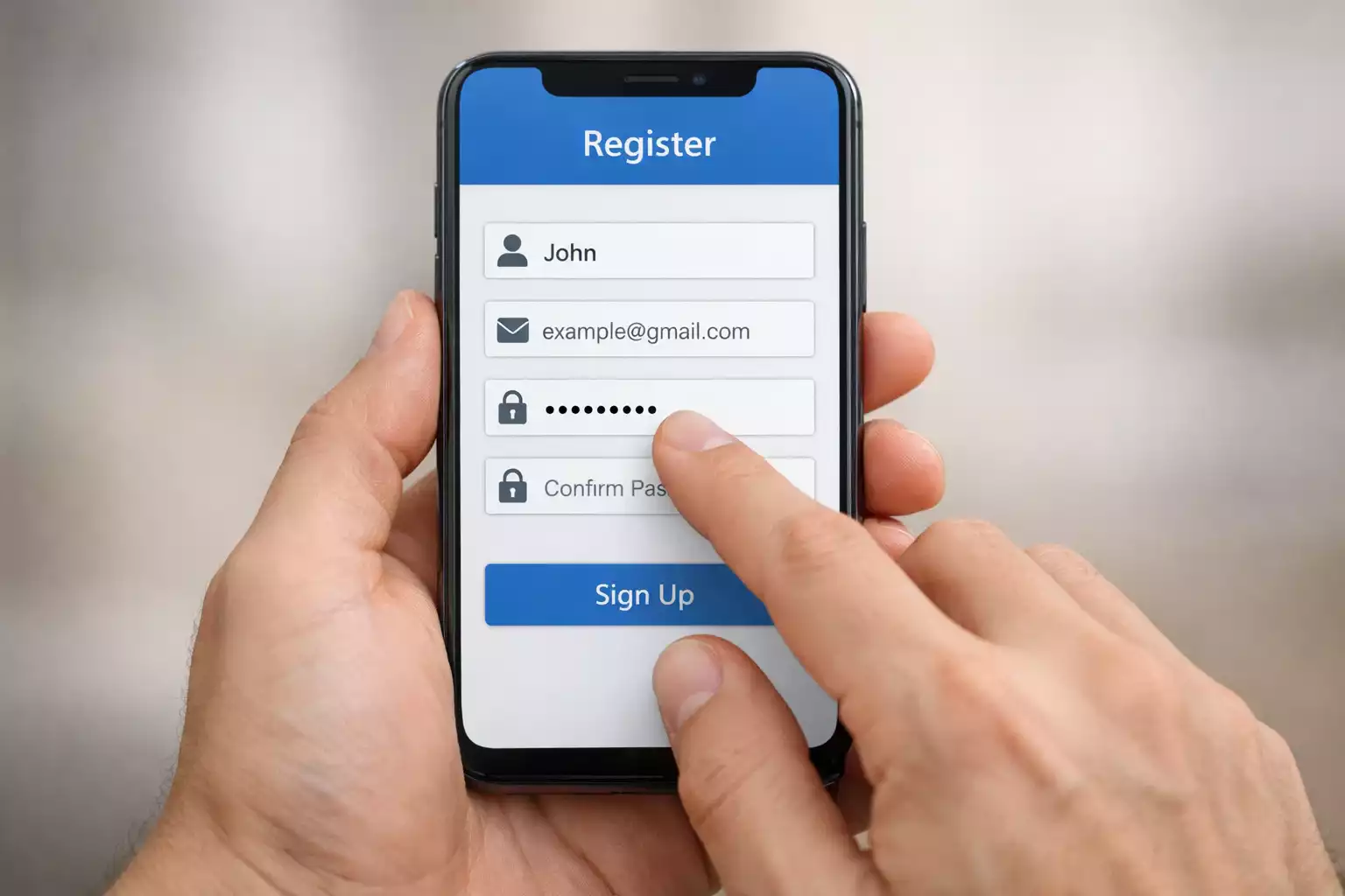 Manos sosteniendo smartphone completando un formulario de registro en pantalla