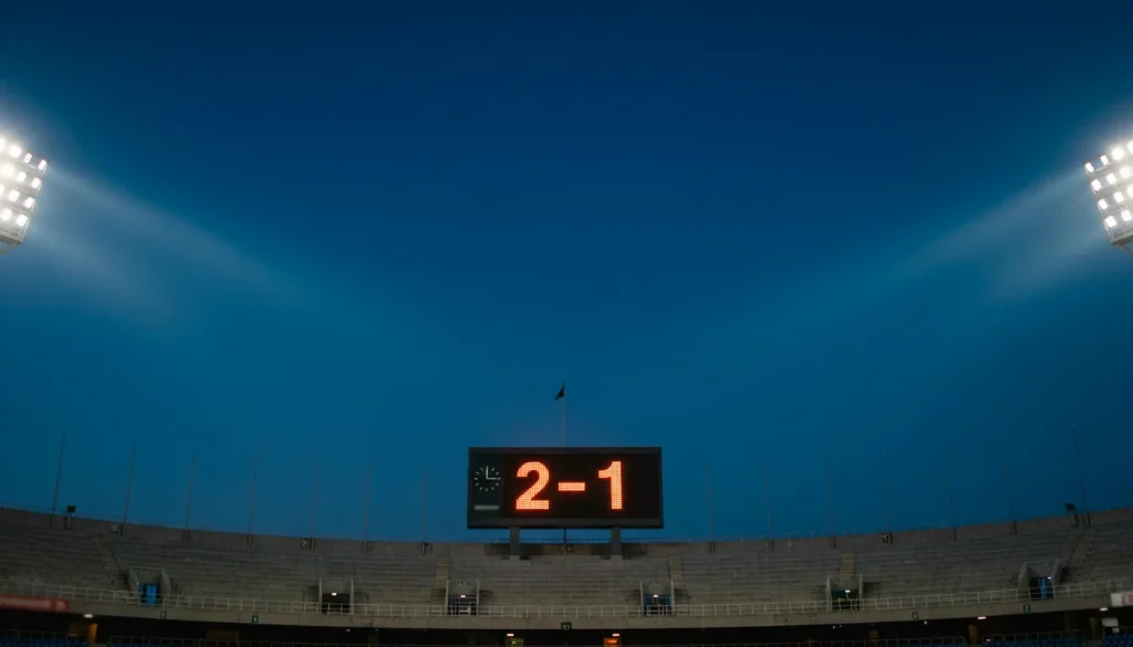 Marcador electrónico de un estadio de fútbol mostrando un resultado ajustado