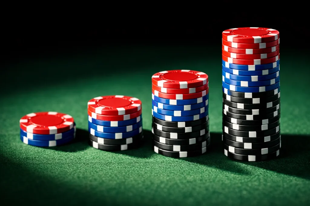 Fichas de apuestas apiladas en progresión ascendente sobre un tapete verde