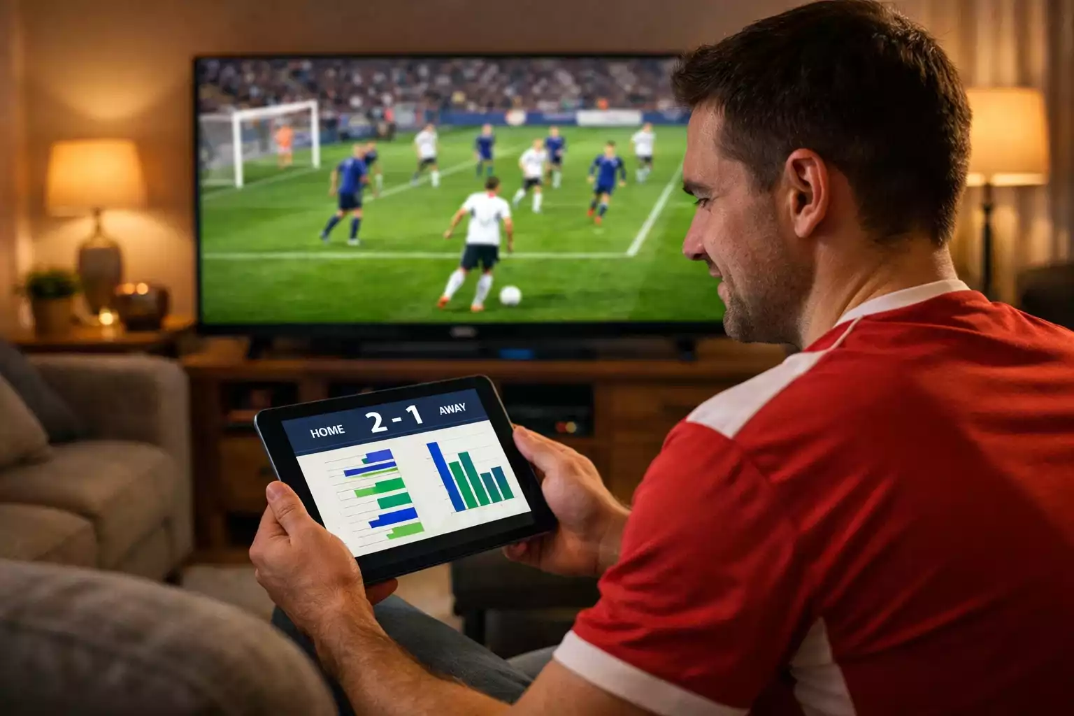 Aficionado viendo partido de fútbol en televisión con tablet mostrando diferentes opciones de mercados