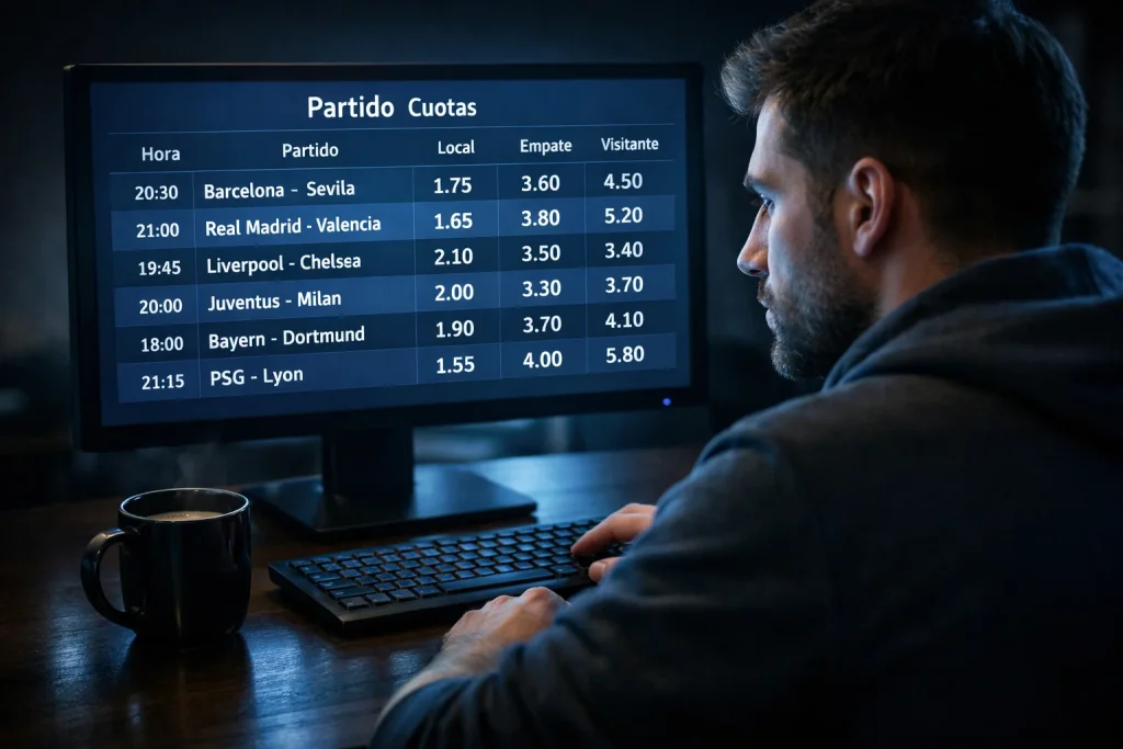 Pantalla de ordenador mostrando cuotas de apuestas de fútbol con un analista observando